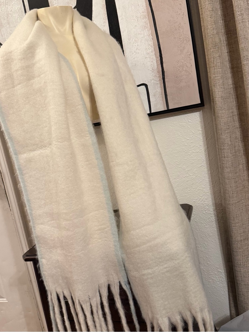 Free People Ivory with Light Blue Fringe Oversized Wrap Scarf NWT